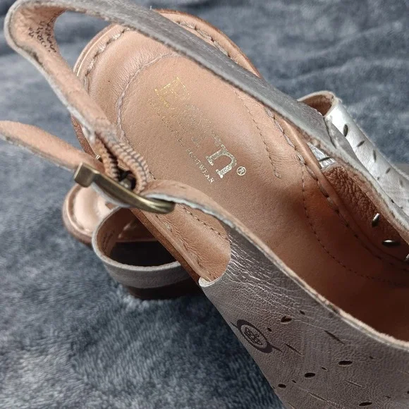 Born F59410 Silver Leather Slingback Wedge Sandals Laser Cut Floral Women's 7.5M - Picture 7 of 9